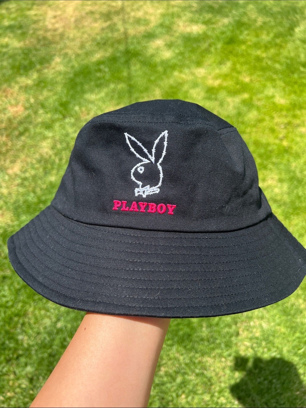 PLAYBOY Black Bucket Hat with White Bunny and Pink Logo